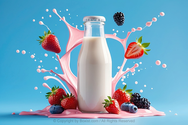 Glass Bottle Of Milk With Different Types Of Berries And Liquid Splash