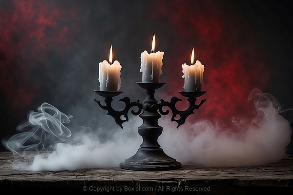 Ancient Candelabrum On Old Wooden Table With Dark Smoke Background