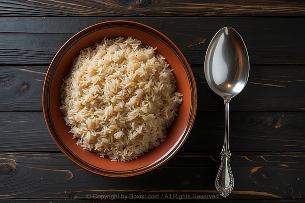Bowl Of Rice And Large Spoon On Wooden Table