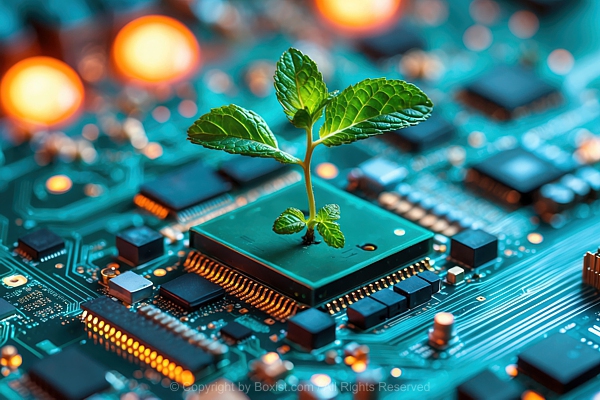 Green Mint Seedling Sprouts From Electronic Circuit Board
