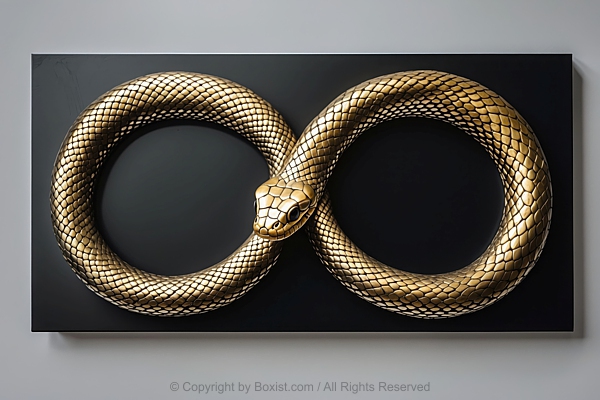 Gold Snake In The Shape Of An Infinity Symbol On Black Smooth Stone Background