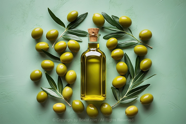 Glass Bottle Of Olive Oil Surrounded By Fresh Green Olives And Olive Leaves