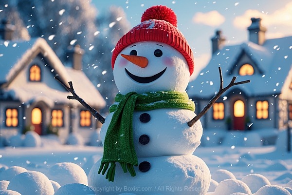 Cheerfully Snowman In Snow With Houses In The Background 3D Design