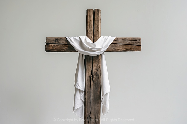 Draped White Cloth On Weathered Wooden Cross