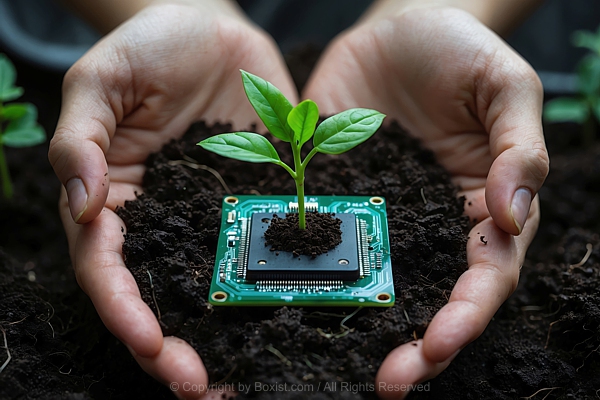 Hands Gently Holding Rich Dark Soil That Cradles Small Green Plant Sprouting From Circuit Board