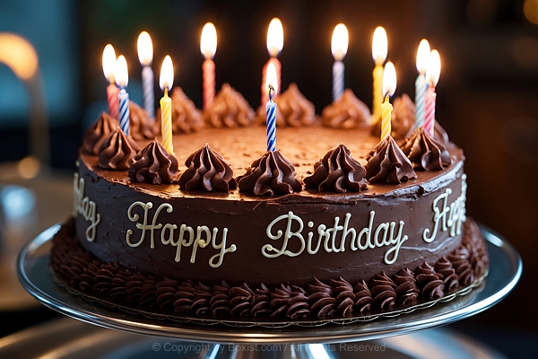 Chocolate Cake With Candles Adorned With Happy Birthday