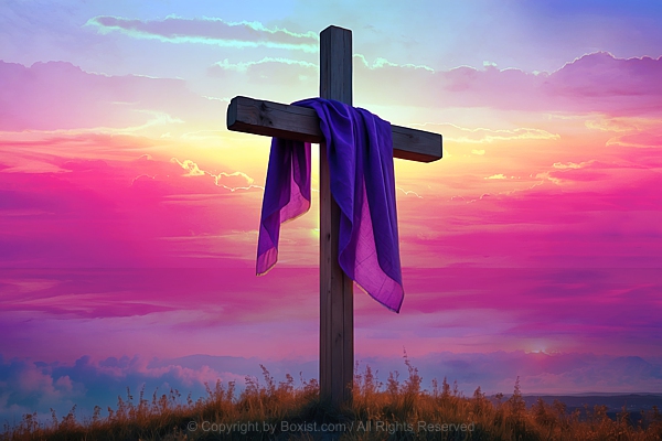 Wooden Cross Draped In Luxurious Purple Cloth Against Purple Sky Sunset