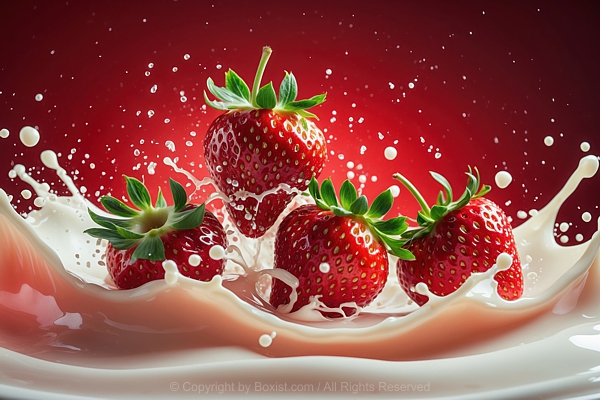 Strawberries Splashing Into Creamy Milk