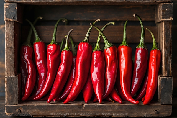 Red Chili Peppers Placed Within Wooden Box