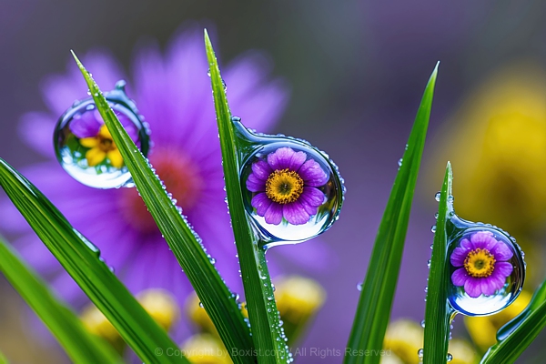 Macro Dewdrops On Green Blades Of Grass With Reflection Of Vibrant Purple Flowers In The Background