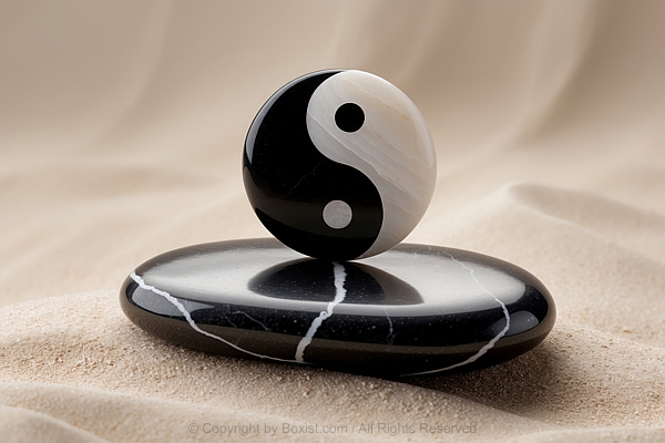 Yin Yang Symbol Stone On Top Of Smooth Black Stone