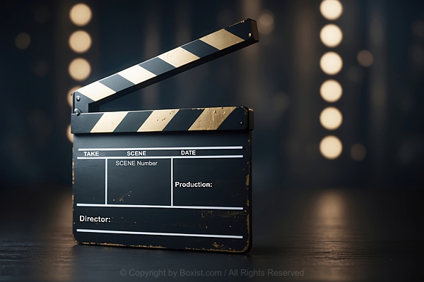 Movie Clapper Board On Floor Against Bokeh Lights