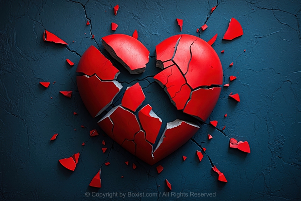 Broken And Shattered Red Love Heart On Dark Surface