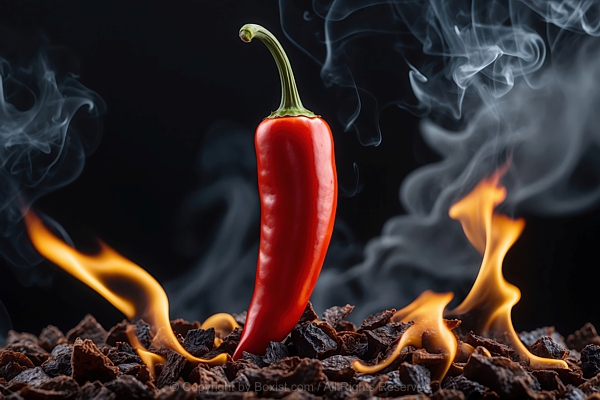 Vibrant Red Chili Pepper Standing Upright Surrounded By Smoky Flames
