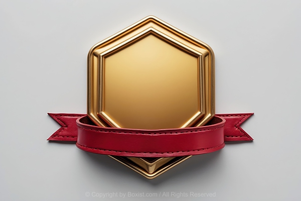 Golden Badge Emblem With Red Leather Ribbon