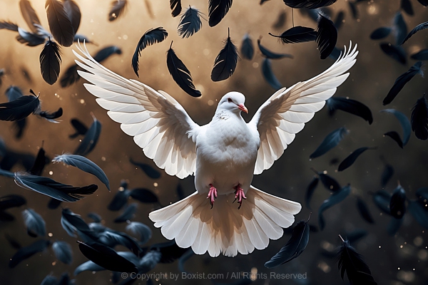 White Dove With Open Wings Surrounded With Falling Black Feathers