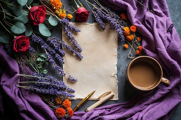 Vintage Paper And Flowers Arrangement With Coffee Mug