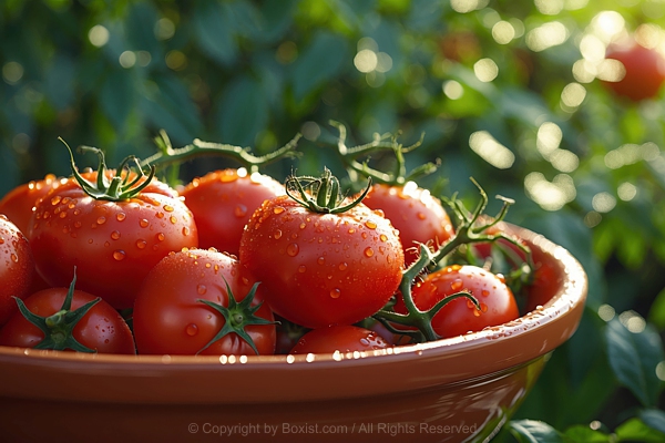 Vibrant Red Tomatoes With Water Droplets Inside Terracotta Bowl