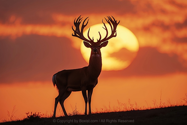 Deer Stands With Large And Intricately Antlers Silhouetted Against Sunset Sky Background