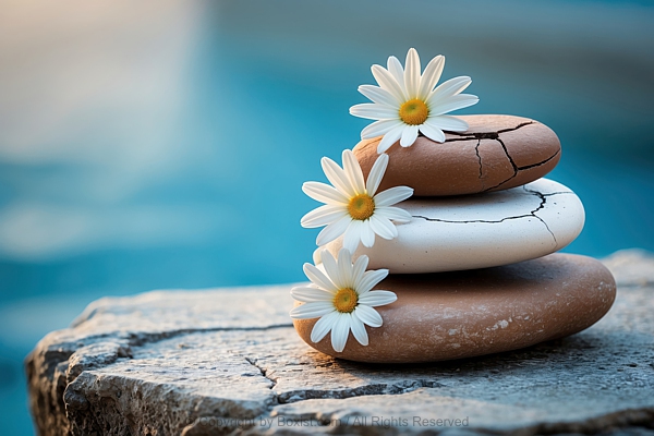 Stack Of Cracked Smooth Stones With White Daisy Flowers