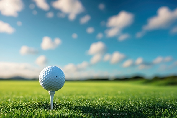 Golf Ball On A Tee Set Against Vibrant Sky And Grass Field Background