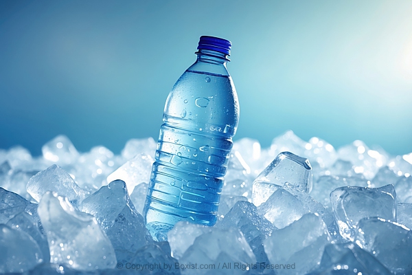 Bottled Mineral Water On Ice Cubes