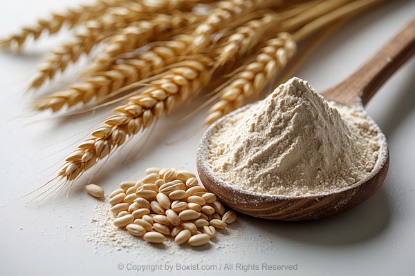 White Flour In Wooden Spoon With Wheat Stems And Grains