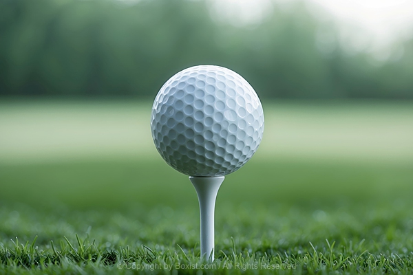 White Golf Ball Perched On Tee Against Background With Green Grass