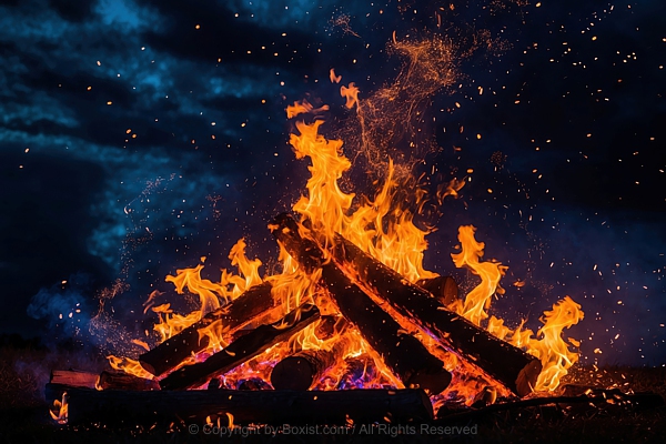 Dramatic Bonfire Reaches Toward The Night Sky With Intense Orange And Yellow Flames