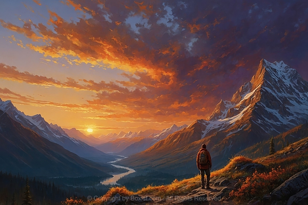 Painting Artwork Of Backpacker Watching Sunset With Mountains Landscape