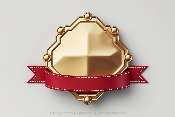 Ornate Badge Golden Emblem With Red Ribbon Wrapped Around