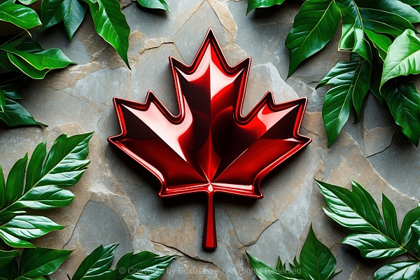 Shiny Metal Canadian Red Maple Symbol Surrounded With Green Maple Leaves Placed On Snow Surface