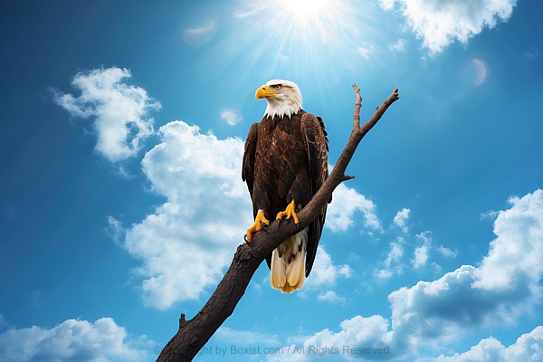 Majestic Bald Eagle Sitting On Top Of Tree Branch Against Blue Sky Background